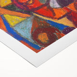 Art deco poster featuring geometric shapes in muted blue and beige tones on rolled canvas, suitable for dining room decor.