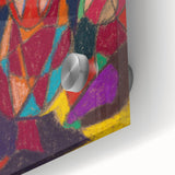 Large abstract wall art in mid-century modernist style on acrylic, featuring geometric shapes in muted colors.