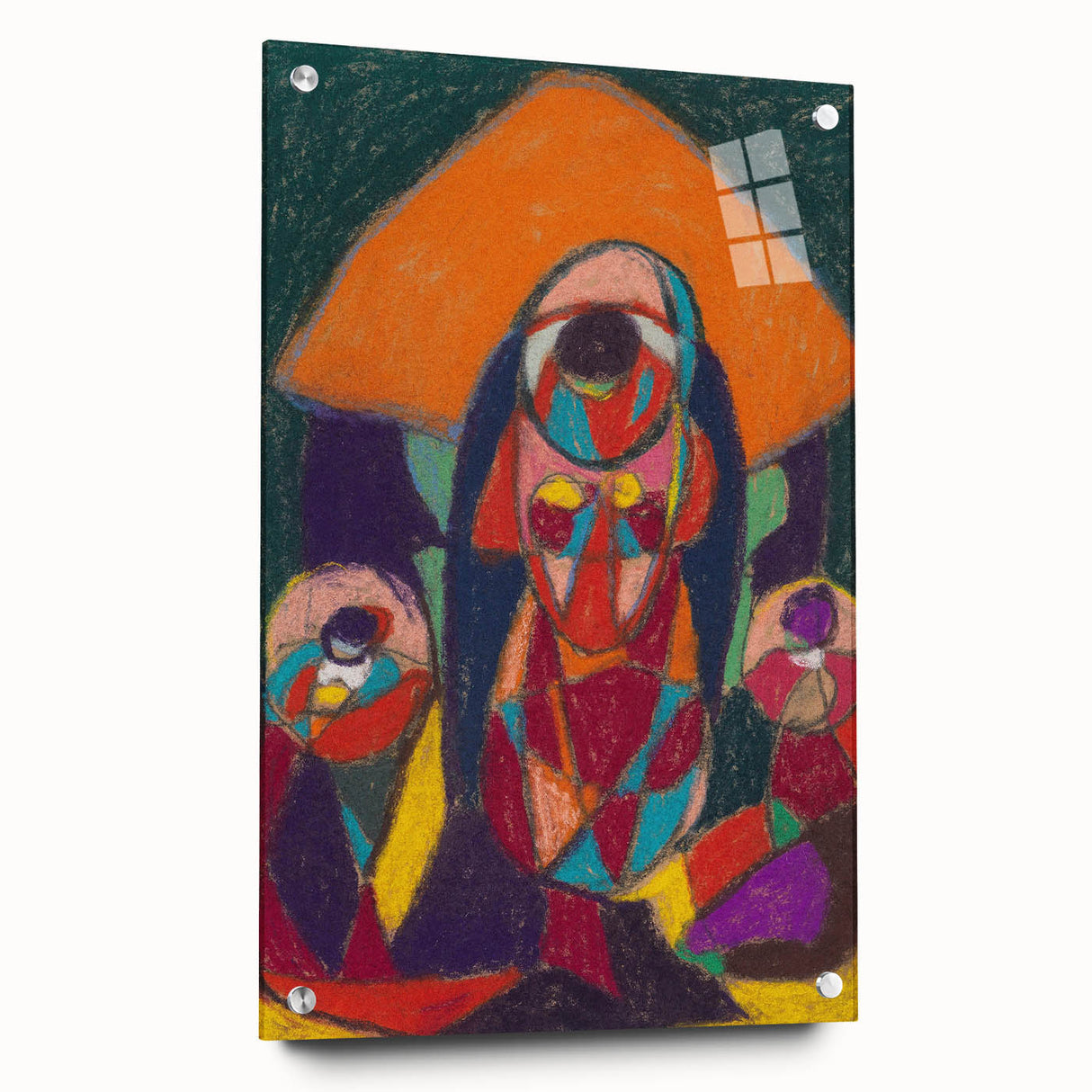 Large abstract wall art in muted earth tones on acrylic glass, suitable for bedroom or dining room decor.