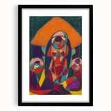 Extra large abstract art print featuring textured, colorful shapes on a black framed canvas, ideal for living room decor.