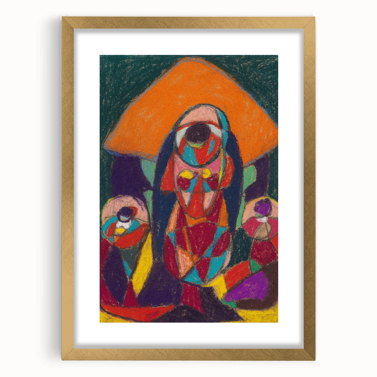 Extra large abstract art print featuring textured designs in muted earth tones, framed in gold, ideal for living room decor.