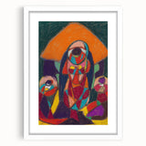 Abstract art print featuring swirling patterns in bold reds and blues on a white framed canvas.