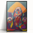 Large abstract wall art print in vibrant colors on a black framed acrylic, featuring mid-century modernist design.