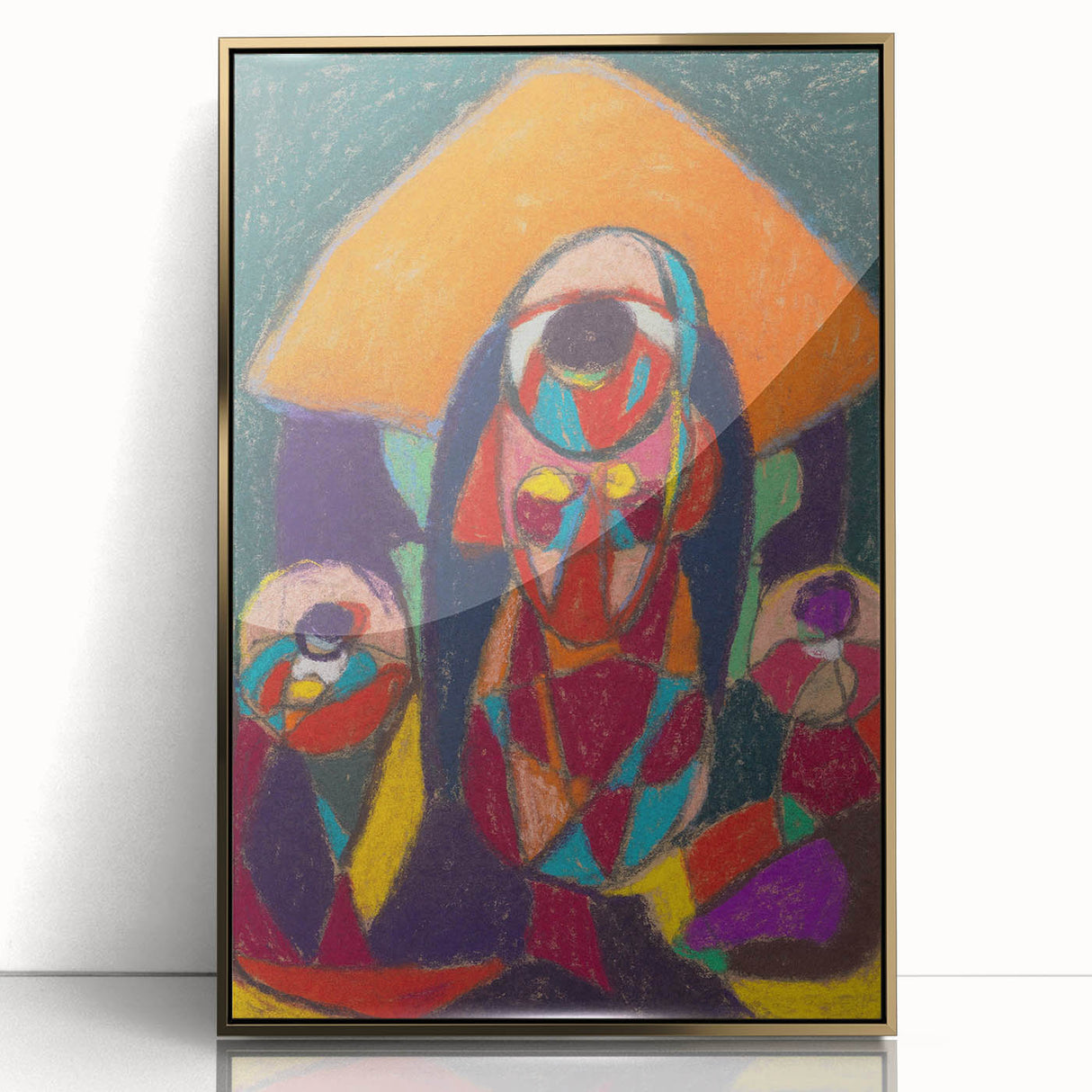 Mid-century modernist art print in muted tones on framed acrylic, suitable for modern art wall decor or nursery wall art.