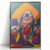 Mid-century modernist art depicting abstract shapes in muted tones on a silver-framed acrylic print.