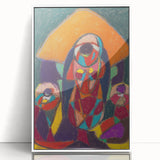 Art deco poster featuring geometric shapes in muted blue and beige, acrylic print framed in white.