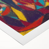 Art deco poster featuring geometric shapes in muted gold and teal, printed on rolled canvas, suitable for dining room walls.