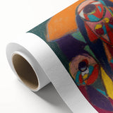 Art Deco poster featuring geometric shapes in muted blue and pink tones on rolled canvas, ideal for nursery wall art.