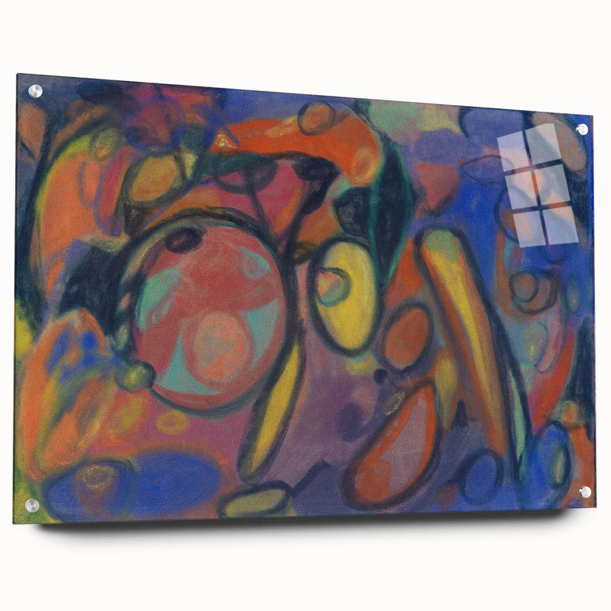 Large abstract wall art on acrylic glass, featuring geometric shapes in muted tones.