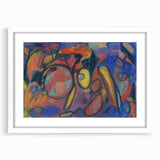 Abstract art print featuring geometric shapes in muted tones on a white framed canvas.