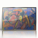 Mid-century modernist art deco poster in silver frame, featuring geometric shapes in vibrant colors.