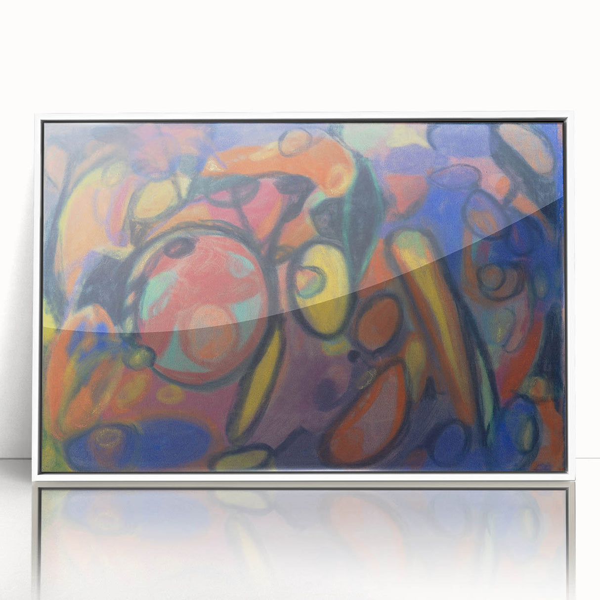 Art Deco poster featuring geometric shapes in muted blues and pinks on white acrylic, ideal for nursery wall art.