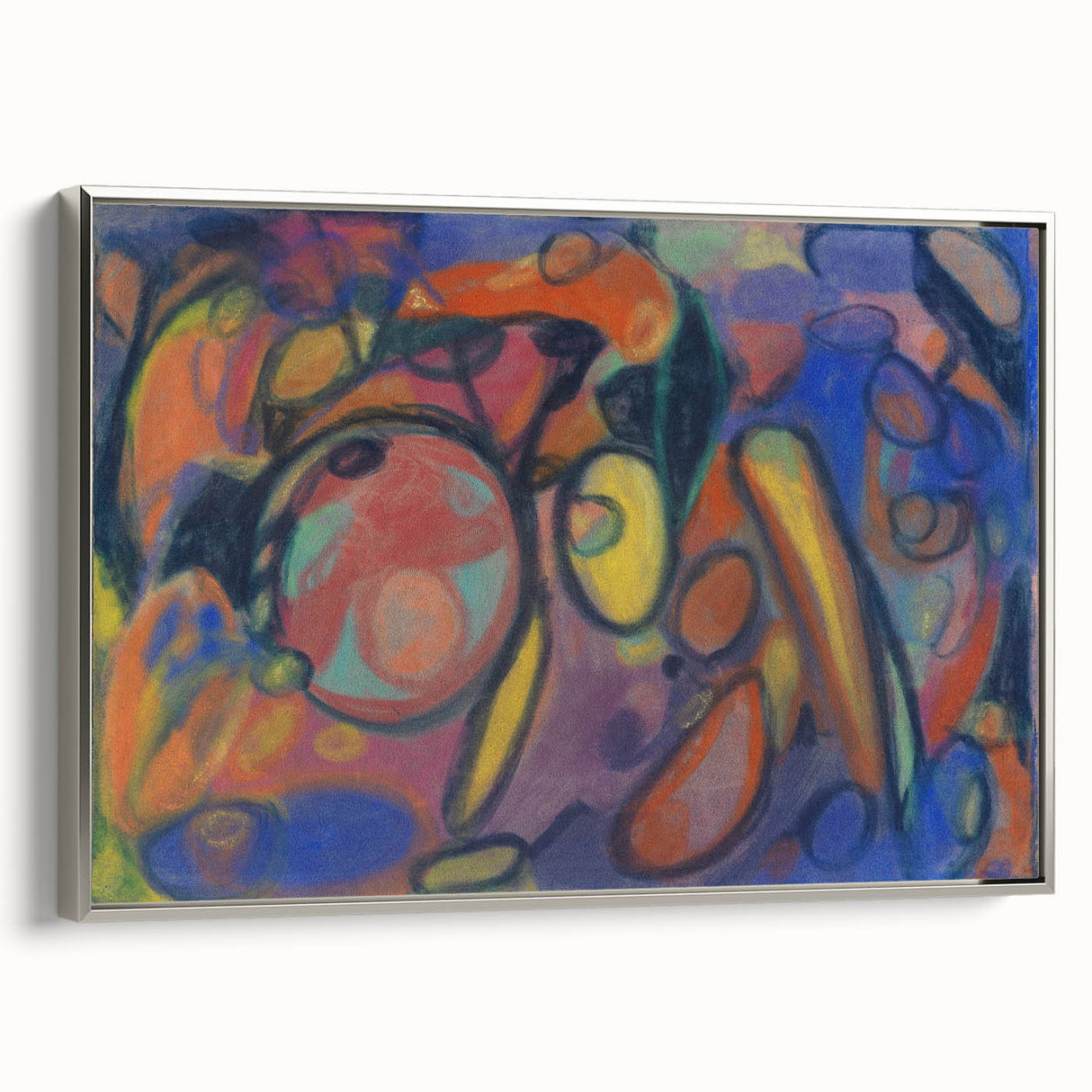 Framed canvas of a vintage-style landscape art painting featuring colorful abstract shapes on a black background.
