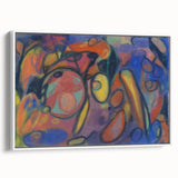 Framed canvas of vintage poster art featuring a colorful abstract design on a black background, ideal for living room decor.