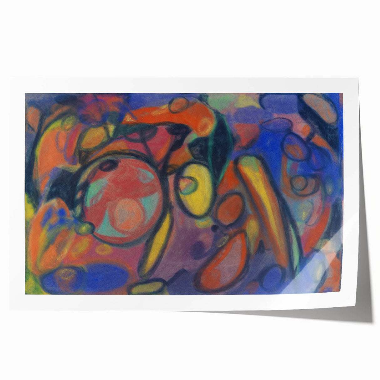 Abstract floral design in muted earth tones on a large rolled canvas, suitable for art wall dining room or bathroom.