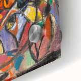 Large abstract wall art print featuring mid-century modernist patterns in bold colors on acrylic glass.