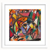 Abstract art print featuring geometric shapes in muted colors on a white framed canvas, suitable for dining room decor.