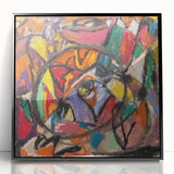 Large abstract wall art featuring mid-century modernist design in black and white tones, framed in acrylic.