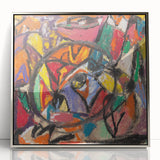 Mid-century modernist art depicting abstract shapes in muted colors on a silver-framed acrylic.