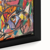 Extra large framed canvas featuring textured, colorful abstract design on black background, ideal for living room decor.