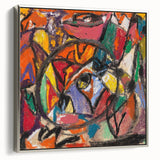 Framed canvas of a vintage landscape art painting featuring colorful abstract forms on a black background.