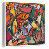 Extra large framed canvas featuring vintage poster art of Adolf Holzel's abstract design in black with colorful accents.