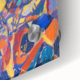 Mid-century modernist large abstract wall art in vibrant colors on acrylic glass, ideal for dining room ambiance.