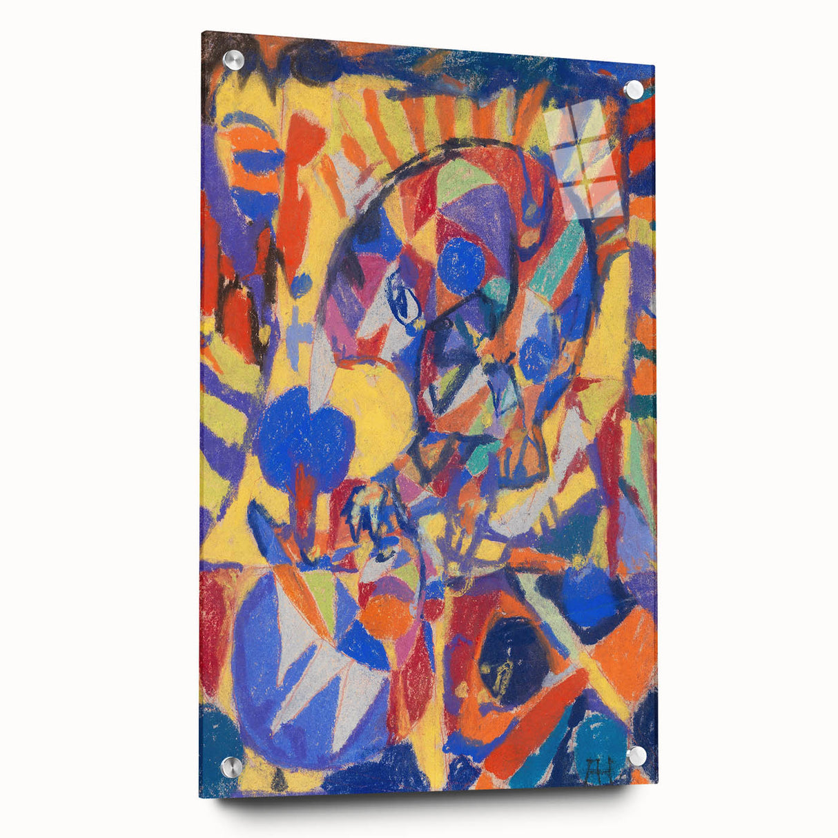 Large abstract wall art on acrylic, featuring bold geometric shapes in a variety of colors.