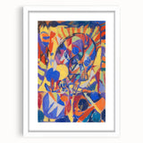 Abstract art print featuring geometric patterns in muted tones on a white-framed canvas, suitable for dining room decor.