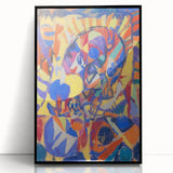 Large abstract wall art featuring geometric shapes in muted earth tones, framed in black acrylic.