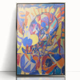 Mid-century modernist art deco poster in silver framed acrylic, featuring abstract geometric shapes in muted colors.