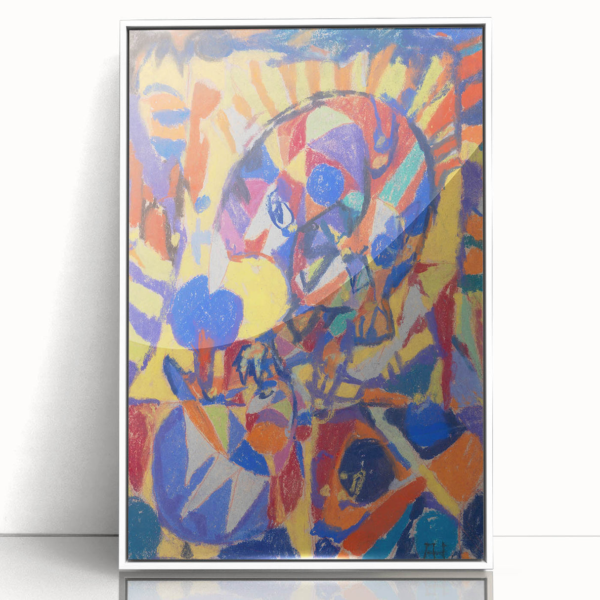 Art deco poster of geometric shapes in muted tones on white framed acrylic, suitable for nursery wall art.