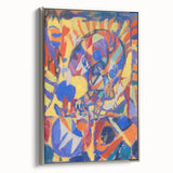 Framed canvas featuring a colorful abstract landscape, ideal for adding a vintage touch to modern spaces.