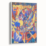 Vintage poster art featuring a colorful abstract design on a large framed canvas, ideal for living room decor.