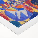 Art deco poster featuring geometric shapes in muted earth tones on rolled canvas, suitable for dining room decor.