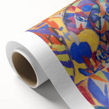 Art Deco poster featuring geometric patterns in muted gold and black on rolled canvas.