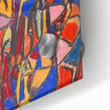 Large abstract wall art in mid-century modernist style, featuring geometric shapes in muted tones on acrylic.