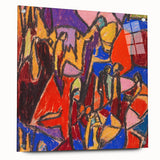 Large abstract wall art on acrylic glass featuring geometric shapes in muted tones.