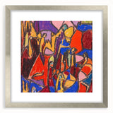 Textured abstract art print with swirling patterns in muted gray and blue on a silver-framed mat.