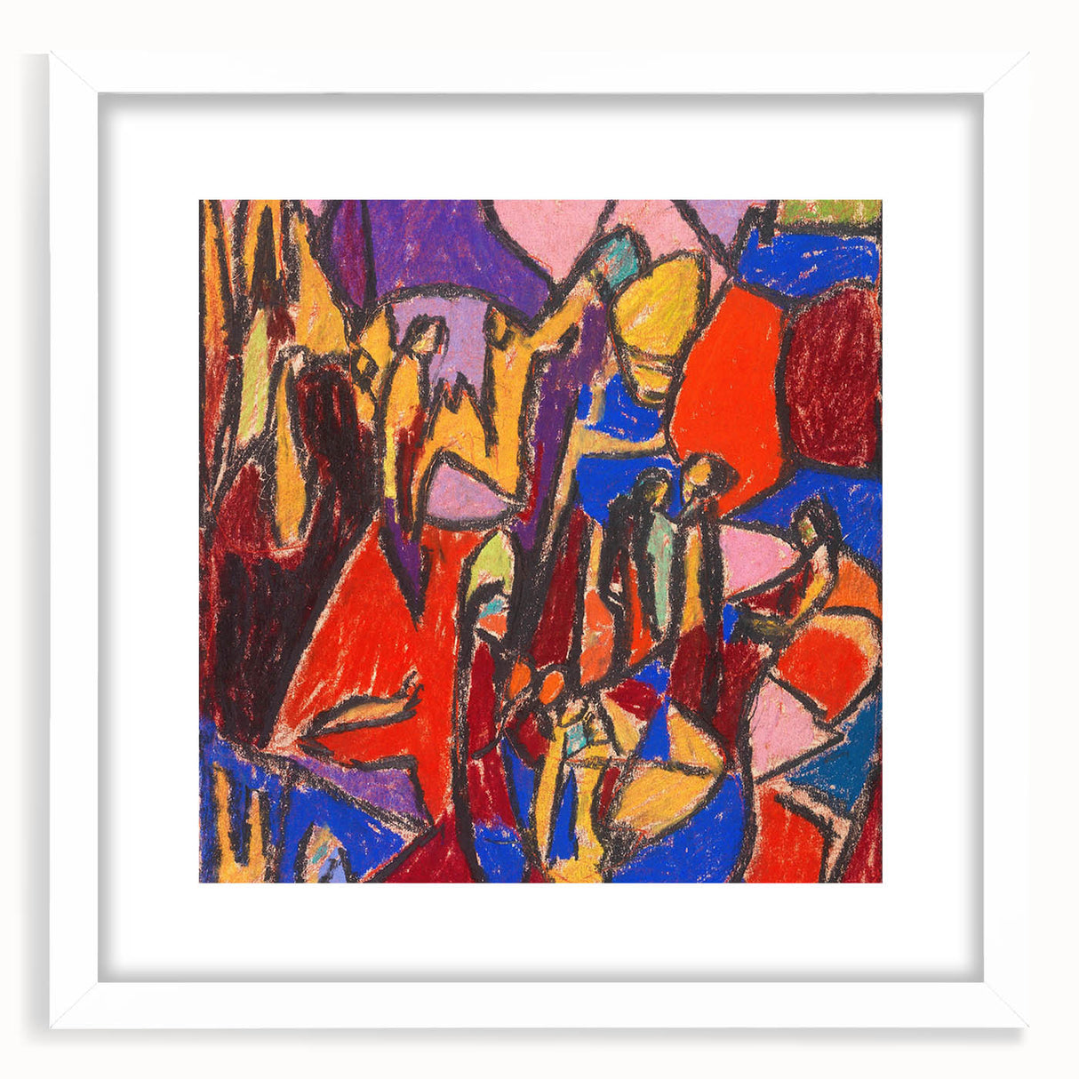 Abstract art print featuring geometric shapes in muted blues and greens, framed with a white mat.