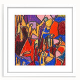 Abstract art print featuring geometric shapes in muted blues and greens, framed with a white mat.