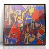 Large abstract wall art in mid-century modernist style, featuring a blend of earthy and cool tones on a framed acrylic print.