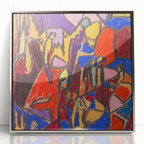 Mid-century modernist art featuring abstract shapes in muted blue and silver tones on a framed acrylic print.