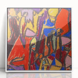 Art Deco poster featuring geometric shapes in muted blues and creams on acrylic, ideal for nursery wall art.