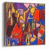 Landscape art painting featuring colorful abstract design on a black background, framed canvas.
