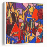 Extra large framed canvas of vintage poster art featuring colorful abstract design, ideal for living room decor.