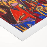 Art Deco poster featuring geometric patterns in bold red and black on rolled canvas, suitable for dining room wall art.