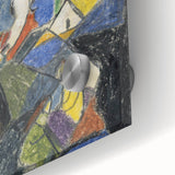 Large abstract wall art in mid-century modernist style with vibrant color blocks on acrylic glass.