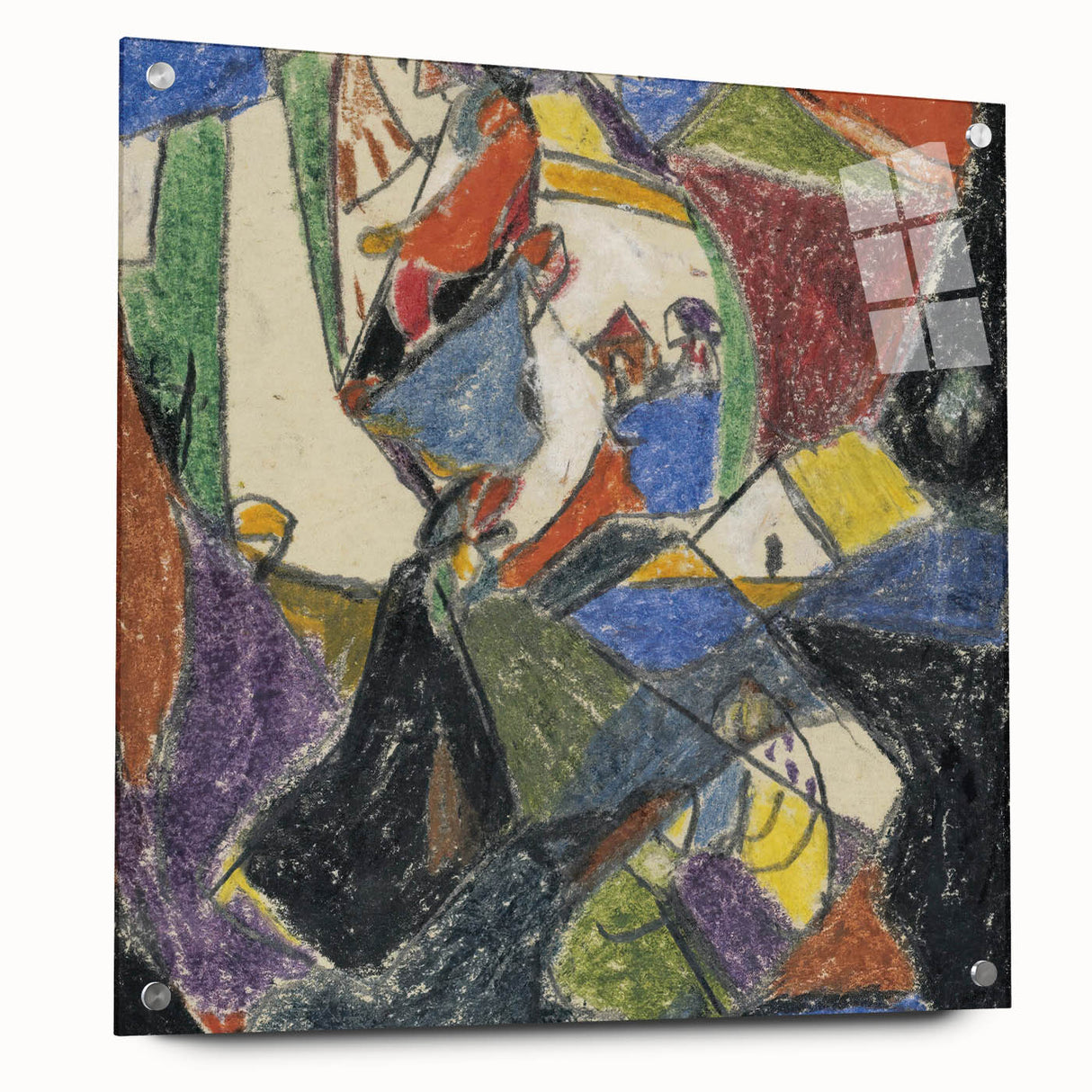 Large abstract wall art by Adolf Holzel in vibrant colors on acrylic glass, suitable for bedroom or dining room decor.