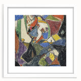 Abstract art print featuring geometric shapes in muted tones, framed in white, ideal for dining room decor.